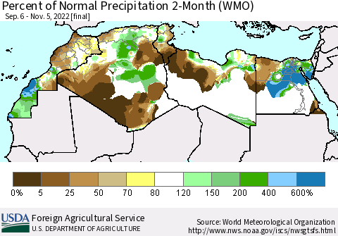 North Africa Percent of Normal Precipitation 2-Month (WMO) Thematic Map For 9/6/2022 - 11/5/2022