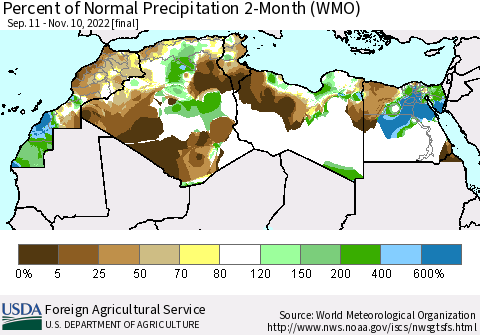 North Africa Percent of Normal Precipitation 2-Month (WMO) Thematic Map For 9/11/2022 - 11/10/2022