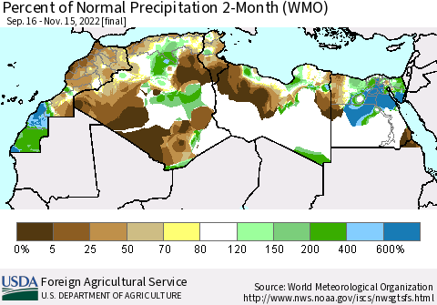 North Africa Percent of Normal Precipitation 2-Month (WMO) Thematic Map For 9/16/2022 - 11/15/2022