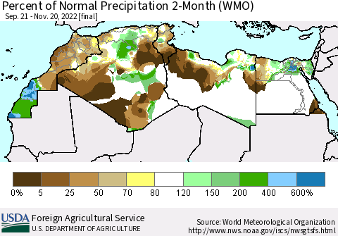 North Africa Percent of Normal Precipitation 2-Month (WMO) Thematic Map For 9/21/2022 - 11/20/2022