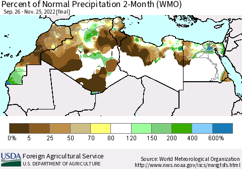 North Africa Percent of Normal Precipitation 2-Month (WMO) Thematic Map For 9/26/2022 - 11/25/2022