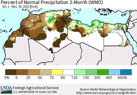 North Africa Percent of Normal Precipitation 2-Month (WMO) Thematic Map For 10/1/2022 - 11/30/2022