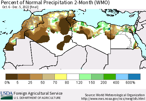 North Africa Percent of Normal Precipitation 2-Month (WMO) Thematic Map For 10/6/2022 - 12/5/2022