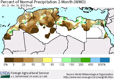 North Africa Percent of Normal Precipitation 2-Month (WMO) Thematic Map For 10/11/2022 - 12/10/2022