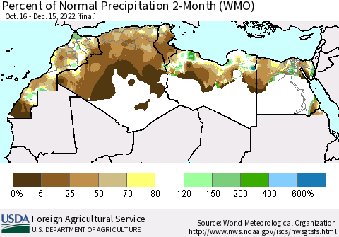 North Africa Percent of Normal Precipitation 2-Month (WMO) Thematic Map For 10/16/2022 - 12/15/2022