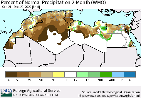 North Africa Percent of Normal Precipitation 2-Month (WMO) Thematic Map For 10/21/2022 - 12/20/2022