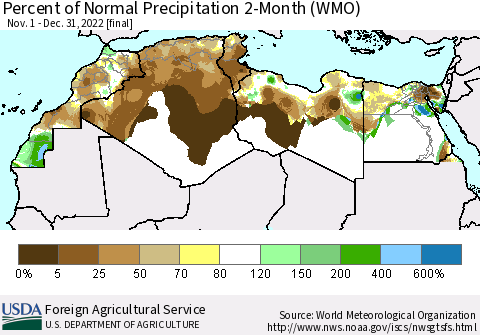 North Africa Percent of Normal Precipitation 2-Month (WMO) Thematic Map For 11/1/2022 - 12/31/2022