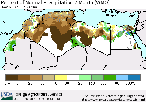 North Africa Percent of Normal Precipitation 2-Month (WMO) Thematic Map For 11/6/2022 - 1/5/2023