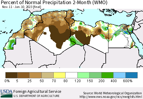 North Africa Percent of Normal Precipitation 2-Month (WMO) Thematic Map For 11/11/2022 - 1/10/2023