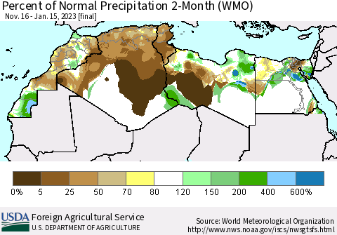 North Africa Percent of Normal Precipitation 2-Month (WMO) Thematic Map For 11/16/2022 - 1/15/2023
