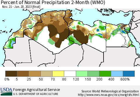 North Africa Percent of Normal Precipitation 2-Month (WMO) Thematic Map For 11/21/2022 - 1/20/2023