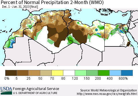 North Africa Percent of Normal Precipitation 2-Month (WMO) Thematic Map For 12/1/2022 - 1/31/2023