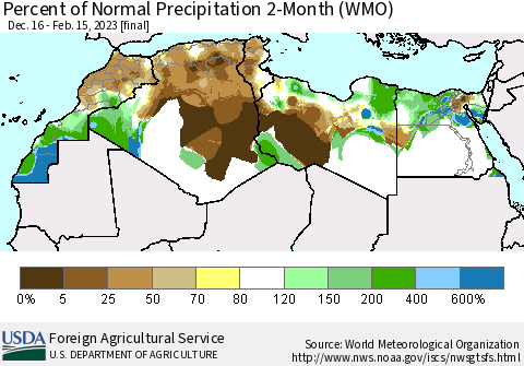 North Africa Percent of Normal Precipitation 2-Month (WMO) Thematic Map For 12/16/2022 - 2/15/2023