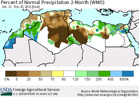 North Africa Percent of Normal Precipitation 2-Month (WMO) Thematic Map For 12/21/2022 - 2/20/2023