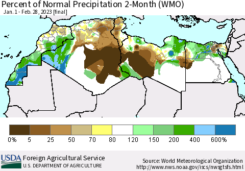 North Africa Percent of Normal Precipitation 2-Month (WMO) Thematic Map For 1/1/2023 - 2/28/2023