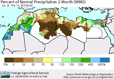 North Africa Percent of Normal Precipitation 2-Month (WMO) Thematic Map For 1/16/2023 - 3/15/2023