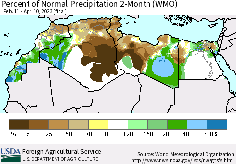 North Africa Percent of Normal Precipitation 2-Month (WMO) Thematic Map For 2/11/2023 - 4/10/2023