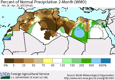North Africa Percent of Normal Precipitation 2-Month (WMO) Thematic Map For 2/26/2023 - 4/25/2023