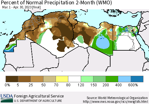 North Africa Percent of Normal Precipitation 2-Month (WMO) Thematic Map For 3/1/2023 - 4/30/2023