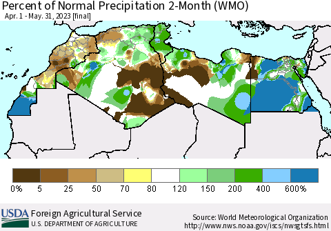 North Africa Percent of Normal Precipitation 2-Month (WMO) Thematic Map For 4/1/2023 - 5/31/2023