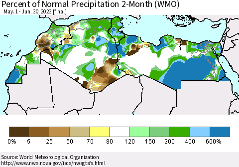 North Africa Percent of Normal Precipitation 2-Month (WMO) Thematic Map For 5/1/2023 - 6/30/2023