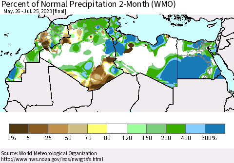 North Africa Percent of Normal Precipitation 2-Month (WMO) Thematic Map For 5/26/2023 - 7/25/2023