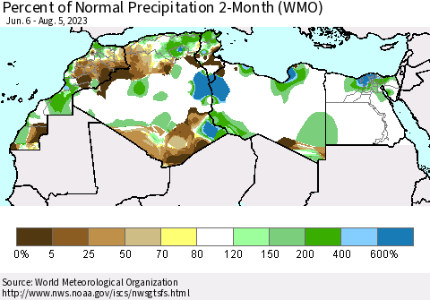North Africa Percent of Normal Precipitation 2-Month (WMO) Thematic Map For 6/6/2023 - 8/5/2023