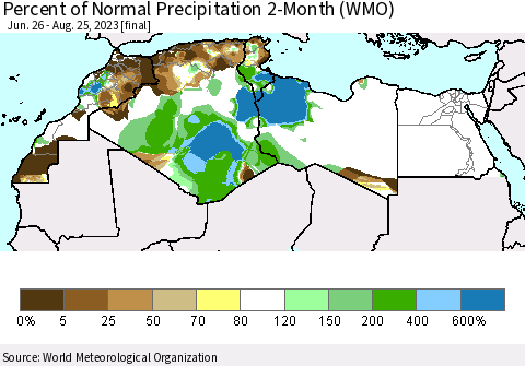 North Africa Percent of Normal Precipitation 2-Month (WMO) Thematic Map For 6/26/2023 - 8/25/2023