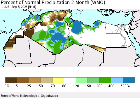 North Africa Percent of Normal Precipitation 2-Month (WMO) Thematic Map For 7/6/2023 - 9/5/2023