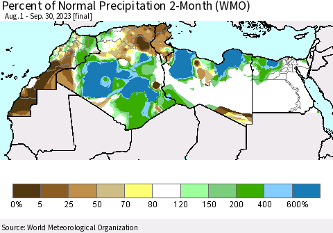 North Africa Percent of Normal Precipitation 2-Month (WMO) Thematic Map For 8/1/2023 - 9/30/2023