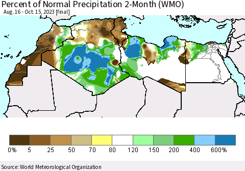 North Africa Percent of Normal Precipitation 2-Month (WMO) Thematic Map For 8/16/2023 - 10/15/2023