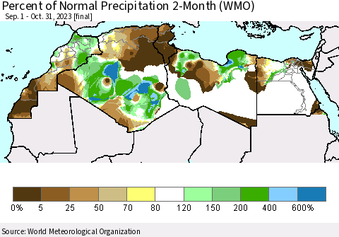 North Africa Percent of Normal Precipitation 2-Month (WMO) Thematic Map For 9/1/2023 - 10/31/2023