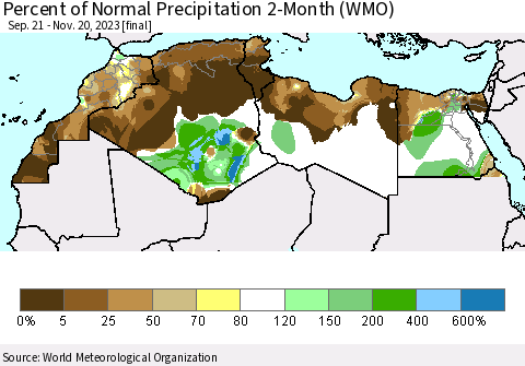 North Africa Percent of Normal Precipitation 2-Month (WMO) Thematic Map For 9/21/2023 - 11/20/2023