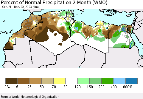 North Africa Percent of Normal Precipitation 2-Month (WMO) Thematic Map For 10/21/2023 - 12/20/2023