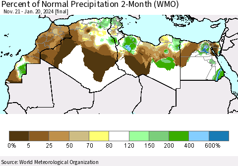 North Africa Percent of Normal Precipitation 2-Month (WMO) Thematic Map For 11/21/2023 - 1/20/2024