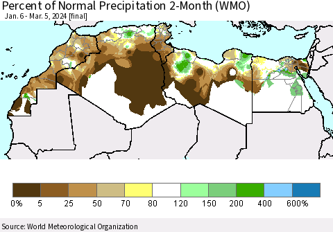 North Africa Percent of Normal Precipitation 2-Month (WMO) Thematic Map For 1/6/2024 - 3/5/2024