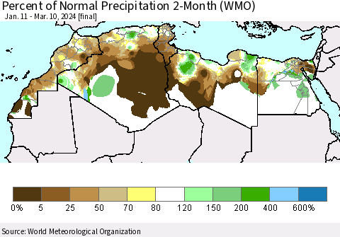 North Africa Percent of Normal Precipitation 2-Month (WMO) Thematic Map For 1/11/2024 - 3/10/2024