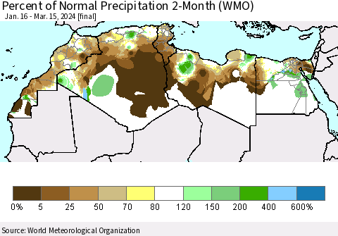 North Africa Percent of Normal Precipitation 2-Month (WMO) Thematic Map For 1/16/2024 - 3/15/2024