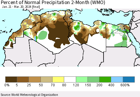 North Africa Percent of Normal Precipitation 2-Month (WMO) Thematic Map For 1/21/2024 - 3/20/2024