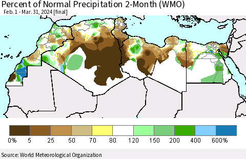 North Africa Percent of Normal Precipitation 2-Month (WMO) Thematic Map For 2/1/2024 - 3/31/2024