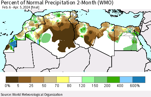 North Africa Percent of Normal Precipitation 2-Month (WMO) Thematic Map For 2/6/2024 - 4/5/2024