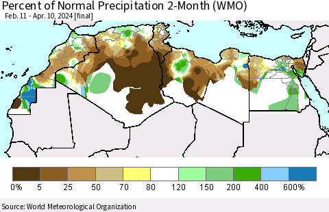 North Africa Percent of Normal Precipitation 2-Month (WMO) Thematic Map For 2/11/2024 - 4/10/2024
