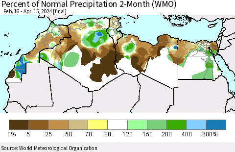North Africa Percent of Normal Precipitation 2-Month (WMO) Thematic Map For 2/16/2024 - 4/15/2024