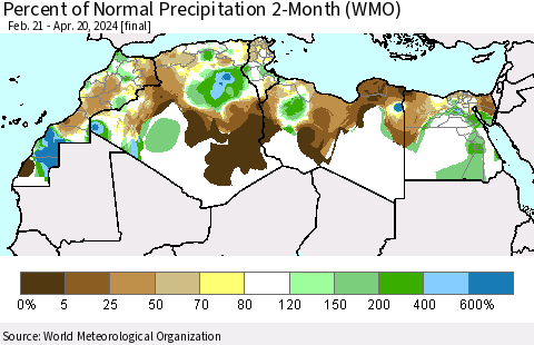 North Africa Percent of Normal Precipitation 2-Month (WMO) Thematic Map For 2/21/2024 - 4/20/2024