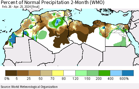 North Africa Percent of Normal Precipitation 2-Month (WMO) Thematic Map For 2/26/2024 - 4/25/2024