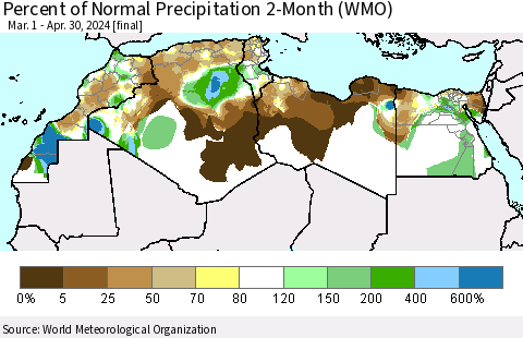 North Africa Percent of Normal Precipitation 2-Month (WMO) Thematic Map For 3/1/2024 - 4/30/2024