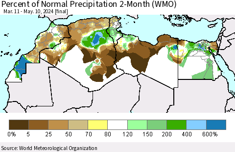 North Africa Percent of Normal Precipitation 2-Month (WMO) Thematic Map For 3/11/2024 - 5/10/2024
