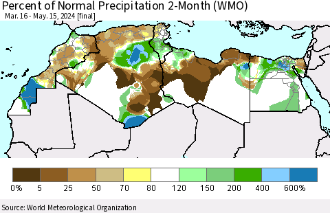North Africa Percent of Normal Precipitation 2-Month (WMO) Thematic Map For 3/16/2024 - 5/15/2024