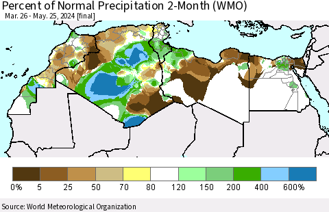 North Africa Percent of Normal Precipitation 2-Month (WMO) Thematic Map For 3/26/2024 - 5/25/2024