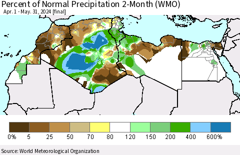 North Africa Percent of Normal Precipitation 2-Month (WMO) Thematic Map For 4/1/2024 - 5/31/2024
